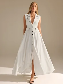 CLARA VERO Doppelreihiges Slim-Fit-Langkleid mit Kontrastbesatz, Taillendesign erzeugt elegante Kurven, geeignet für moderne Anlässe, Arbeitskleidung oder Abendveranstaltungen, aus 100% Polyester-Nichtstretch-Stoff, klassische weiße Basis mit schwarzen Kanten, schafft einen modischen und eleganten Stil - Weiss - Übersicht 4