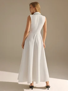 CLARA VERO Doppelreihiges Slim-Fit-Langkleid mit Kontrastbesatz, Taillendesign erzeugt elegante Kurven, geeignet für moderne Anlässe, Arbeitskleidung oder Abendveranstaltungen, aus 100% Polyester-Nichtstretch-Stoff, klassische weiße Basis mit schwarzen Kanten, schafft einen modischen und eleganten Stil - Weiss - Übersicht 2