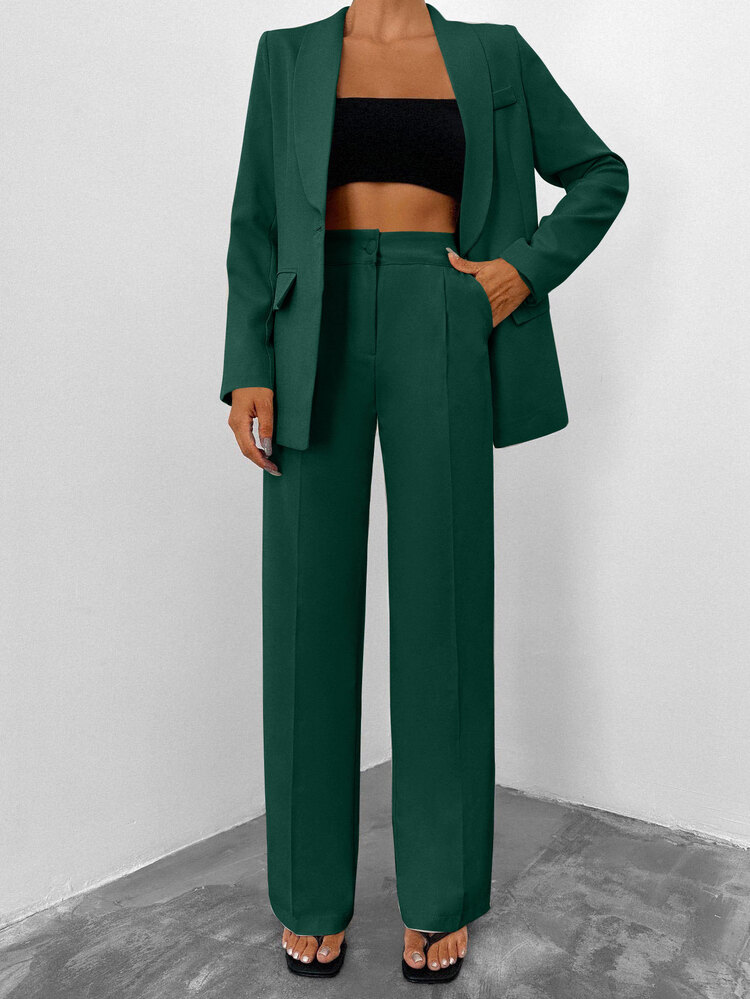 SHEIN Cottnline طقم بدلة نسائية مقاس كبير باللون الأخضر الداكن السادة، بليزر بياقة شال وأكمام طويلة مع بنطلون خصر عالي، كاجوال أنيق بتفاصيل جيوب، للمكتب والمناسبات الرسمية في الصيف - أخضر داكن - مشاهدة 7