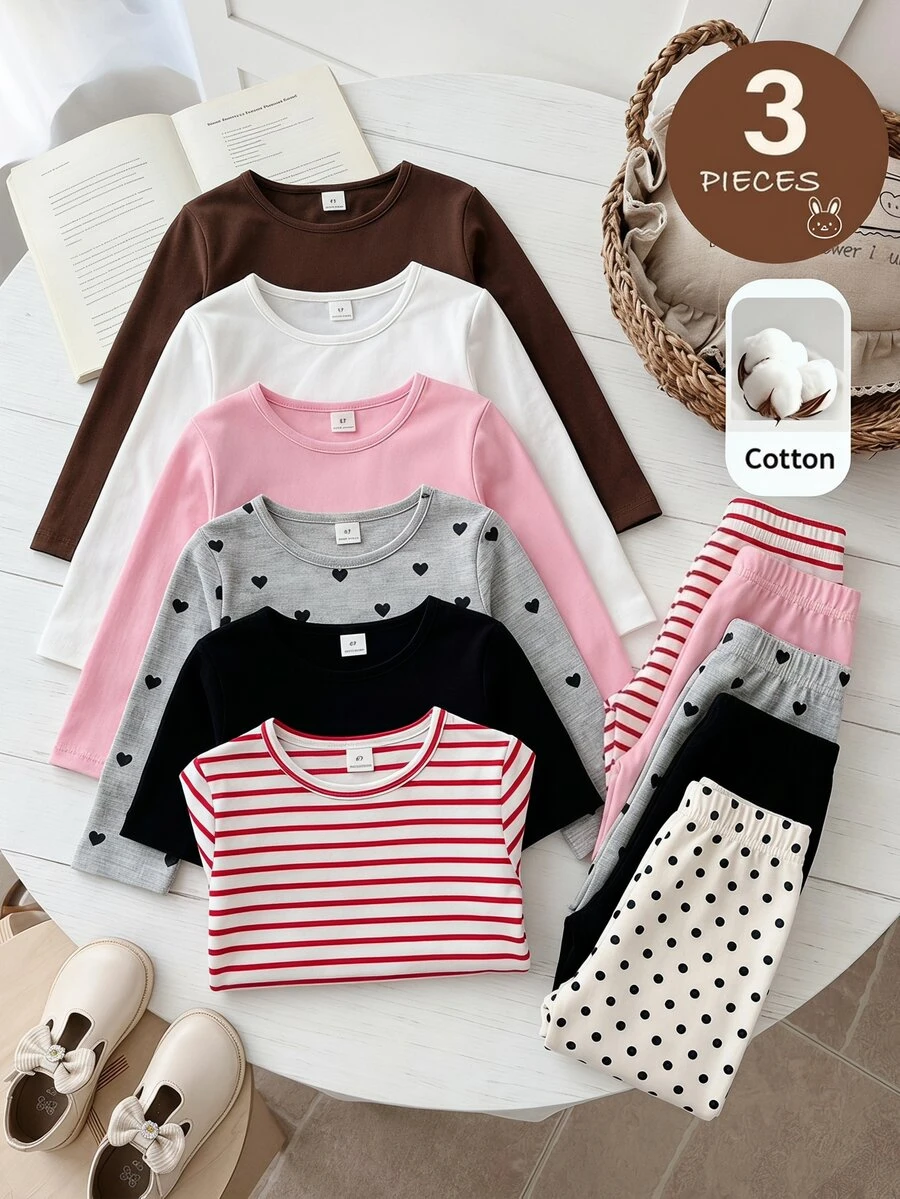 SHEIN Atasan Kaos Dalam Lengan Panjang Rajut Warna Polos dengan Karet Elastis untuk Anak Perempuan Remaja - MultiWarna - View 1