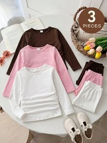SHEIN 青少年女孩休閒基本款純色針織彈性長袖內搭上衣 - 彩色 - 查看 1