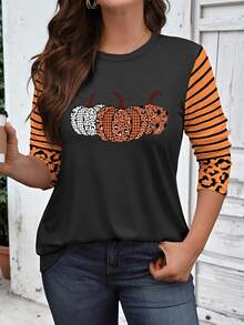EMERY ROSE Halloween Women's Plus Size Casual Pumpkin, Striped And Leopard Print Round Neck Long Sleeve T-Shirt Fall Cloth For Women - White - View 3