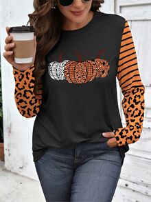 EMERY ROSE Halloween Women's Plus Size Casual Pumpkin, Striped And Leopard Print Round Neck Long Sleeve T-Shirt Fall Cloth For Women - White - View 1