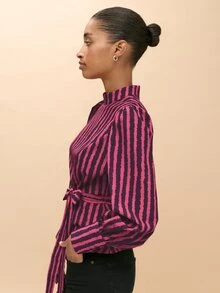 Nöista  Fitted Top With Fuchsia Wavy Stripes,Perfect For Urban Commuting Or Parties.Fall Winter, Elegant,Casual,Cute,Going Out. - Hot Pink - View 2