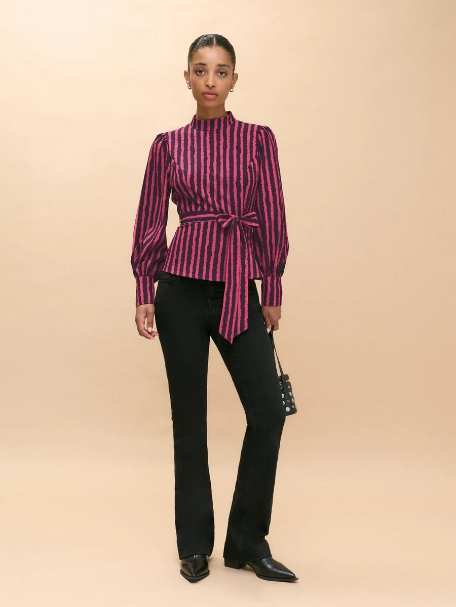 Nöista Fitted Top With Fuchsia Wavy Stripes,Perfect For Urban Commuting Or Parties.Fall Winter, Elegant,Casual,Cute,Going Out. - Hot Pink - View 1