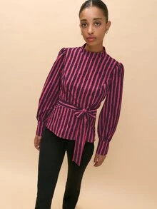 Nöista  Fitted Top With Fuchsia Wavy Stripes,Perfect For Urban Commuting Or Parties.Fall Winter, Elegant,Casual,Cute,Going Out. - Hot Pink - View 5