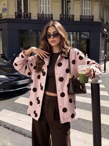 Serisse Women's Polka Dot Pattern Zipper Front Casual Regular Fit Jacket - Pink - View 2