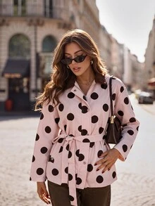 Serisse Women's Polka Dot Pattern Zipper Front Casual Regular Fit Jacket - Pink - View 7