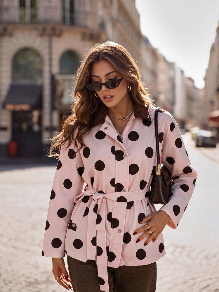 Serisse Jaket Kasual Wanita Motif Polkadot dengan Resleting Depan dan Potongan Reguler - Berwarna merah muda - View 7