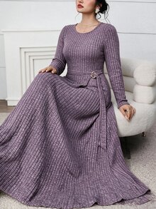 Feyla Plus Size Elegant Minimalist Metal Buckle Long Sleeve Dress - Purple - View 6