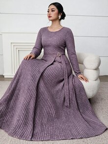 Feyla Plus Size Elegant Minimalist Metal Buckle Long Sleeve Dress - Purple - View 3