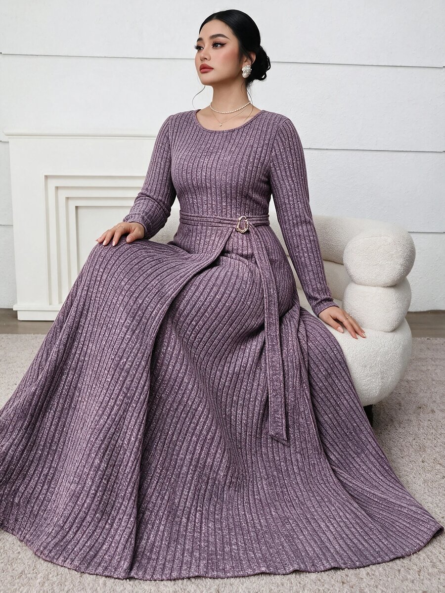 Feyla Plus Size Elegant Minimalist Metal Buckle Long Sleeve Dress - Purple - View 1