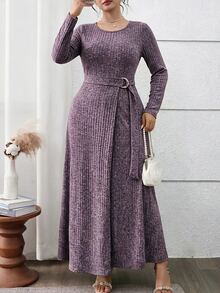 Feyla Plus Size Elegant Minimalist Metal Buckle Long Sleeve Dress - Purple - View 1