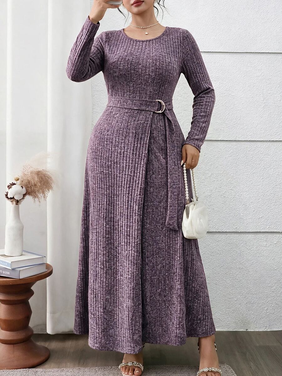 Feyla Plus Size Elegant Minimalist Metal Buckle Long Sleeve Dress - Purple - View 1