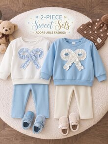 SHEIN 2pcs Baju Sweatshirt Legging Bayi Perempuan Lucu Manis Putih Biru Pita 3D Bergaris Ruffle Bergaris Lengan Panjang Leher Bulat Reguler Pesta Musim Gugur Halloween Natal - Aprikot - View 10