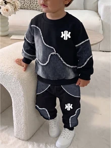 Baby Boys Denim Print Graphic Crewneck Sweatshirt And Sweatpants 2 Pieces Fall Outfit Set - Multicolor - View 3