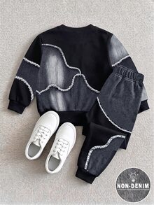 Baby Boys Denim Print Graphic Crewneck Sweatshirt And Sweatpants 2 Pieces Fall Outfit Set - Multicolor - View 2