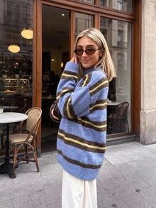 SHEIN كنزة صوفية محبوكة متعددة الخطوط من الأكريليك المنسوج للنساء - متعدد الألوان - مشاهدة 2