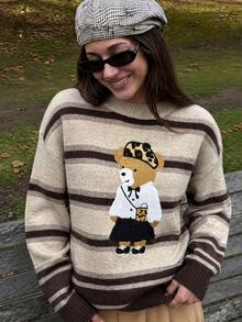 Anewsta Women's Fall Casual Beige Striped Knit Sweater Cartoon Bear Embroidery Loose Drop Shoulder For School Homecoming - Multicolor - View 6