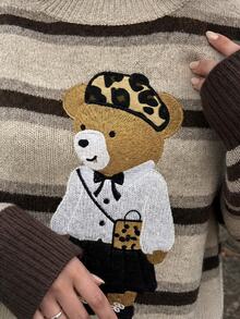 Anewsta Women's Fall Casual Beige Striped Knit Sweater Cartoon Bear Embroidery Loose Drop Shoulder For School Homecoming - Multicolor - View 7