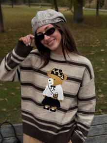 Anewsta Women's Fall Casual Beige Striped Knit Sweater Cartoon Bear Embroidery Loose Drop Shoulder For School Homecoming - Multicolor - View 4