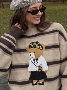 Anewsta Women's Fall Casual Beige Striped Knit Sweater Cartoon Bear Embroidery Loose Drop Shoulder For School Homecoming - Multicolor - View 3