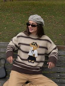 Anewsta Women's Fall Casual Beige Striped Knit Sweater Cartoon Bear Embroidery Loose Drop Shoulder For School Homecoming - Multicolor - View 5