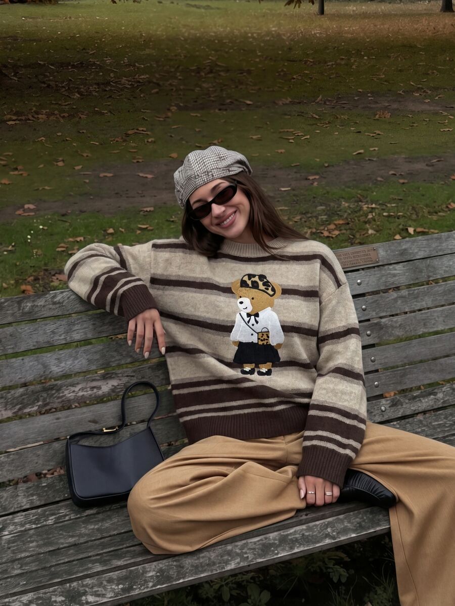 Anewsta Women's Fall Casual Beige Striped Knit Sweater Cartoon Bear Embroidery Loose Drop Shoulder For School Homecoming - Multicolor - View 1