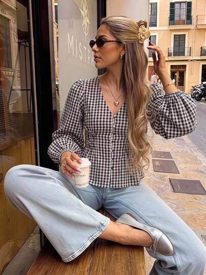 Serisse Women's Casual French Vintage Plaid Shirt For Oktoberfest Autumn Formal Business Chic Going Out Everyday Daytime Holiday Black And White Checkered