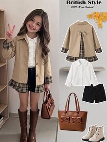 Emery Rose Kids Emery Rose Kids Young Girl Young Girl Kids Young Girl Young Girl Casual Windbreaker Jacket Colorblock Design Suitable For Outings Shopping Autumn Back To School - Khaki - View 2