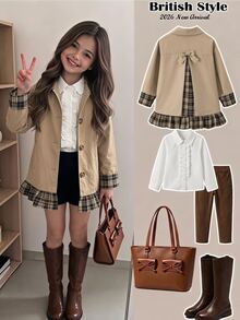 Emery Rose Kids Emery Rose Kids Young Girl Young Girl Kids Young Girl Young Girl Casual Windbreaker Jacket Colorblock Design Suitable For Outings Shopping Autumn Back To School - Khaki - View 6