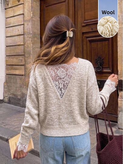 Serisse Women's Elegant V Back Contrast Lace Drop Shoulder Long Sleeve Casual Sweater,Loose Knit Sweater Long Sleeve Casual Fall Winter Pullover Top