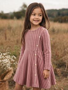 Emery Rose Kids Emery Rose Kids 女童小女孩純色圓領長袖鈕扣設計休閒洋裝 農場感恩節 舒適氛圍 秋季氛圍 秋季洋裝 - 粉色 - 查看 2