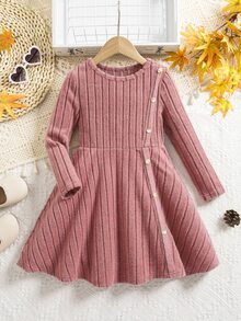 Emery Rose Kids Emery Rose Kids 女童小女孩純色圓領長袖鈕扣設計休閒洋裝 農場感恩節 舒適氛圍 秋季氛圍 秋季洋裝 - 粉色 - 查看 7