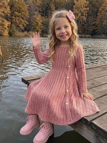Emery Rose Kids Emery Rose Kids 女童小女孩純色圓領長袖鈕扣設計休閒洋裝 農場感恩節 舒適氛圍 秋季氛圍 秋季洋裝 - 粉色 - 查看 3
