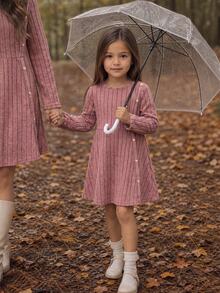 Emery Rose Kids Emery Rose Kids 女童小女孩純色圓領長袖鈕扣設計休閒洋裝 農場感恩節 舒適氛圍 秋季氛圍 秋季洋裝 - 粉色 - 查看 6