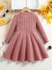 Emery Rose Kids Emery Rose Kids 女童小女孩純色圓領長袖鈕扣設計休閒洋裝 農場感恩節 舒適氛圍 秋季氛圍 秋季洋裝 - 粉色 - 查看 8