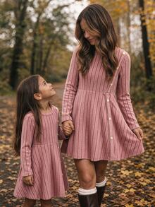Emery Rose Kids Emery Rose Kids 女童小女孩純色圓領長袖鈕扣設計休閒洋裝 農場感恩節 舒適氛圍 秋季氛圍 秋季洋裝 - 粉色 - 查看 5