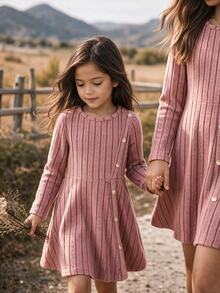 Emery Rose Kids Emery Rose Kids 女童小女孩純色圓領長袖鈕扣設計休閒洋裝 農場感恩節 舒適氛圍 秋季氛圍 秋季洋裝 - 粉色 - 查看 4
