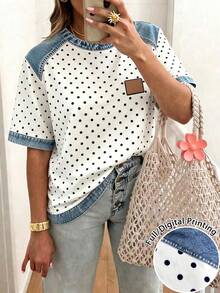 EMERY ROSE Women's Striped Patchwork Crew Neck Polka Dot Short Sleeve Casual Versatile T-Shirt - White - View 1