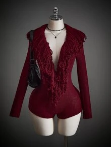 SHEIN ICON Women's Fashion Sexy Tassel Decor Deep V-Neck Knit Romper - Burgundy - View 11
