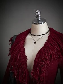 SHEIN ICON Women's Fashion Sexy Tassel Decor Deep V-Neck Knit Romper - Burgundy - View 5