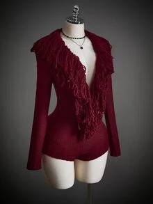 SHEIN ICON Women's Fashion Sexy Tassel Decor Deep V-Neck Knit Romper - Burgundy - View 7
