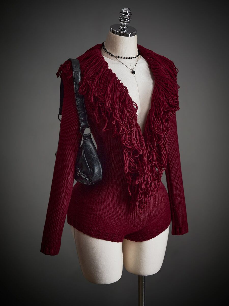 SHEIN ICON Women's Fashion Sexy Tassel Decor Deep V-Neck Knit Romper - Burgundy - View 1