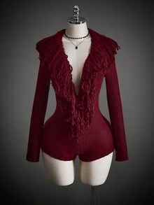 SHEIN ICON Women's Fashion Sexy Tassel Decor Deep V-Neck Knit Romper - Burgundy - View 6