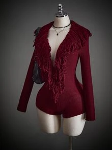 SHEIN ICON Women's Fashion Sexy Tassel Decor Deep V-Neck Knit Romper - Burgundy - View 4