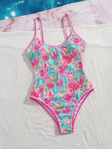 SHEIN Swim 夏季春夏新款歐美風一件式性感高衩紅色幸運魚印花拼接細肩帶貝殼飾邊小胸聚攏雙肩帶性感泳衣，適合女性與女孩，甜美清新顯瘦泳裝，適用溫泉、海灘、度假、生日派對 - 彩色 - 查看 4