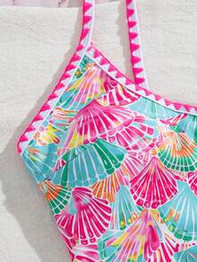 SHEIN Swim 夏季春夏新款歐美風一件式性感高衩紅色幸運魚印花拼接細肩帶貝殼飾邊小胸聚攏雙肩帶性感泳衣，適合女性與女孩，甜美清新顯瘦泳裝，適用溫泉、海灘、度假、生日派對 - 彩色 - 查看 5