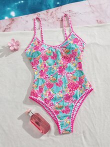 SHEIN Swim 夏季春夏新款歐美風一件式性感高衩紅色幸運魚印花拼接細肩帶貝殼飾邊小胸聚攏雙肩帶性感泳衣，適合女性與女孩，甜美清新顯瘦泳裝，適用溫泉、海灘、度假、生日派對 - 彩色 - 查看 3