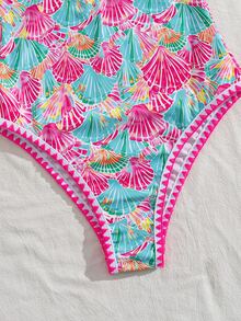 SHEIN Swim 夏季春夏新款歐美風一件式性感高衩紅色幸運魚印花拼接細肩帶貝殼飾邊小胸聚攏雙肩帶性感泳衣，適合女性與女孩，甜美清新顯瘦泳裝，適用溫泉、海灘、度假、生日派對 - 彩色 - 查看 6